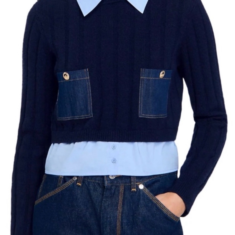 Navy Cropped Sweater with Denim Pockets